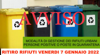 VENERDI 7 GENNAIO raccolta dei rifiuti dalle utenze con persone positive o poste in quarantena Covid-19