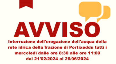 Interruzione dell’erogazione dell’acqua nella frazione di Portixeddu